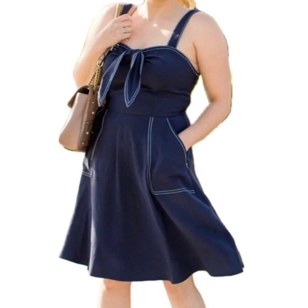 NWOT A New Day Navy Contrast Stitching Tie Front Side Pockets A-Line Dress L